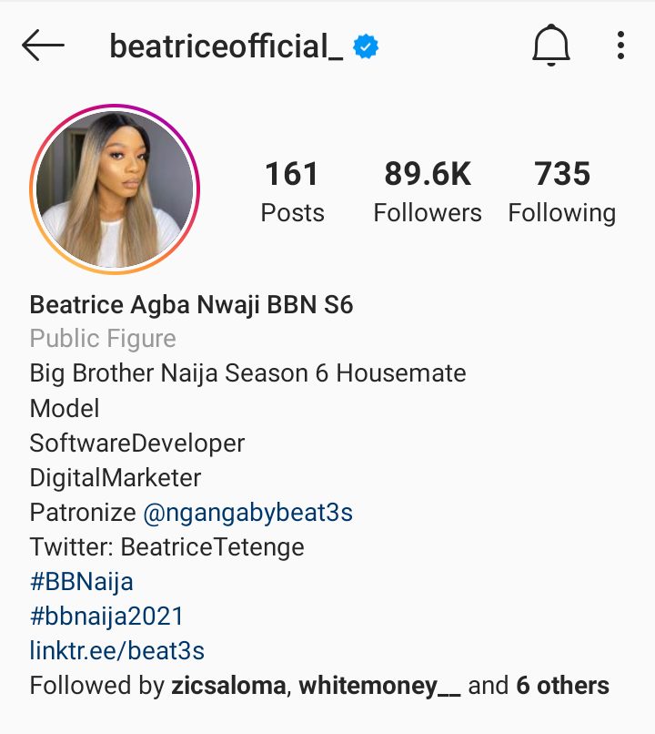 Beatrice verified on Instagram