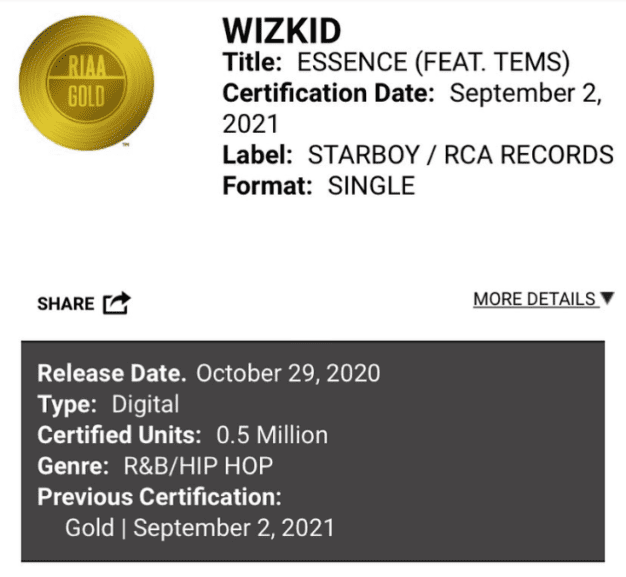 Wizkid's Essence gets certified Gold in US