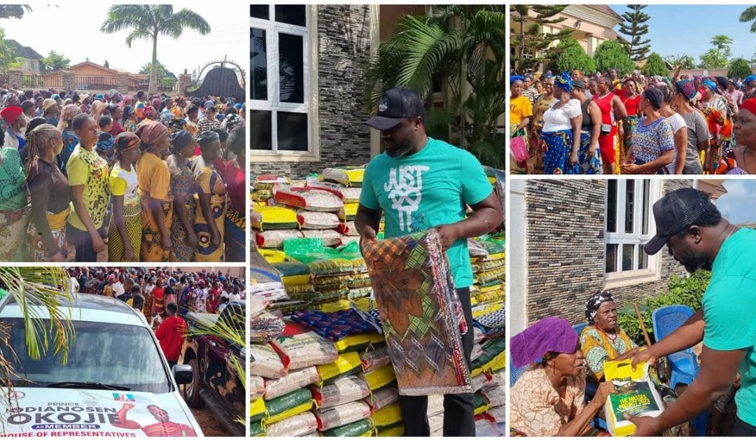 Mercy Johnson and her husband donate food items