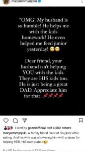 Actress Mary Remmy Njoku sends strong message to women who praise their husband for taking care of their kids and doing house chores