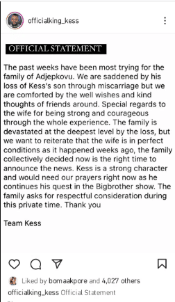 “The past weeks has been most trying for his family but…” - BBnaija’s Kess’ management speaks on his child’s death