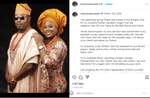 “You are a loving, supportive and compassionate wife” – Singer, Eedris Abdulkareem appreciates wife for kidney donation