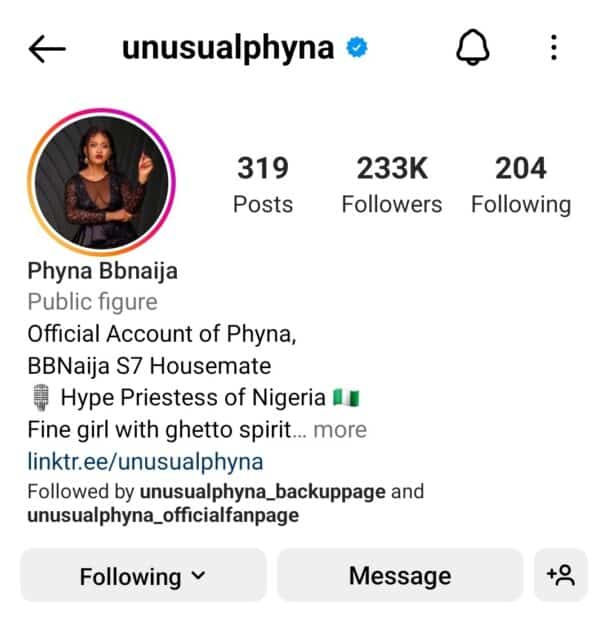 Phyna verified on Instagram 